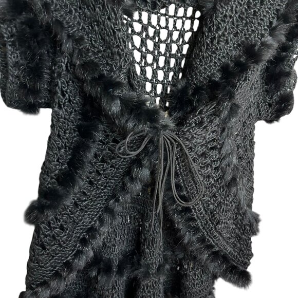 Linea Domani Black Crochet Tie Front Rabbit Fur Bohemian Cardigan Size M - Picture 5 of 12